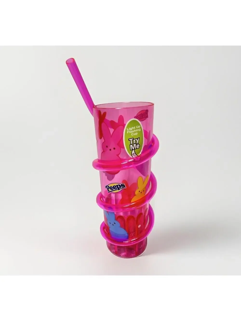 Kids Peeps Cup With Straw Light Up Activated Push Button Pink Colourful Bunnies